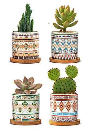 Set 4 Pezzi Vasi In Ceramica Con Decorazioni Fiori Piante Grasse Con Sotto Vaso In Bambù Foro Centrale Vasetti Cactus