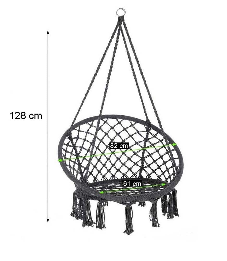 Sedia Sospesa ad Altalena Lavorata a maglia con Corda in Cotone Frange Macrame Con Comodo Cuscino Sfoderabile Amaca per Interni/Esterni Capacità 120 Kg  Nero