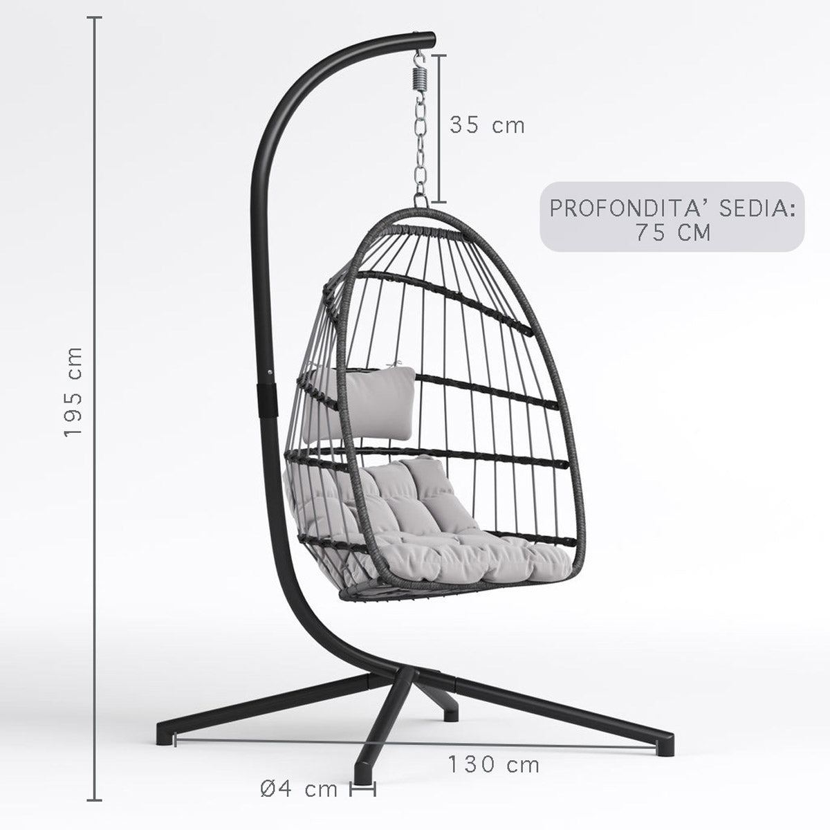 Sedia a Dondolo Poltrona Sospesa in Rattan Completa di Struttura in Acciaio Modello Annette