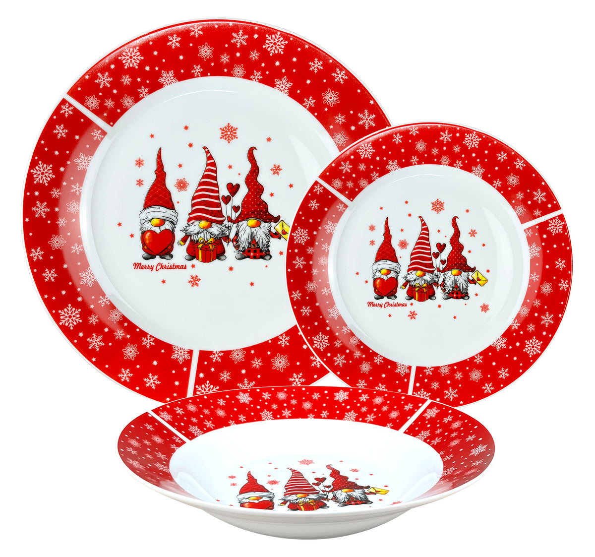 Servizio Piatti Natalizi 18 Pezzi Porcellana Bone China 6 Persone Piatto Piano Fondo Dessert Decorazione Gnomi  Tavola Natale Certificati Contatto Alimentare Sì Microonde Lavastoviglie Idea Regalo