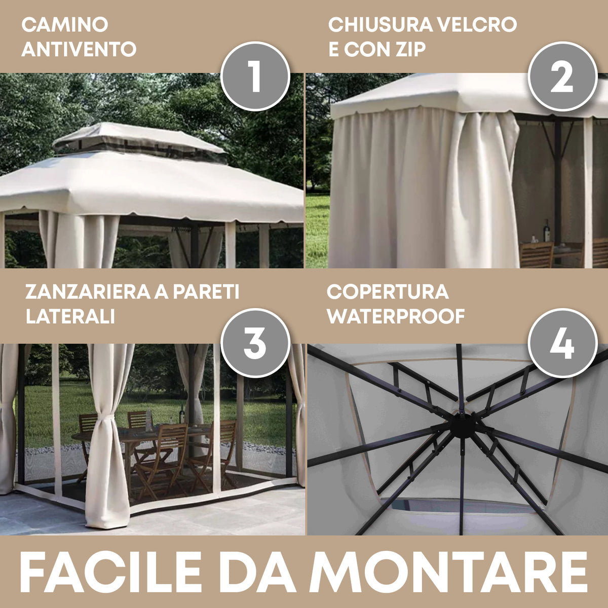 Gazebo Da Giardino 3x4 Mt Struttura In Alluminio E Acciaio Con Pareti Laterali E Zanzariere Con Camino Antivento E Copertura Impermeabile