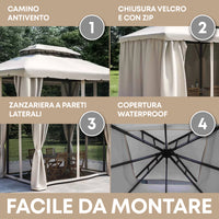 Gazebo Da Giardino 3x4 Mt Struttura In Alluminio E Acciaio Con Pareti Laterali E Zanzariere Con Camino Antivento E Copertura Impermeabile