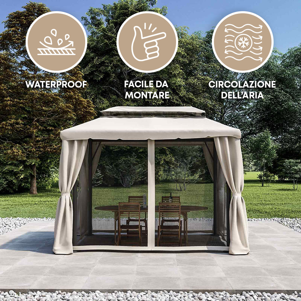 Gazebo Da Giardino 3x4 Mt Struttura In Alluminio E Acciaio Con Pareti Laterali E Zanzariere Con Camino Antivento E Copertura Impermeabile