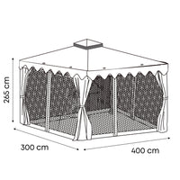 Gazebo Da Giardino 3x4 Mt Struttura In Alluminio E Acciaio Con Pareti Laterali E Zanzariere Con Camino Antivento E Copertura Impermeabile