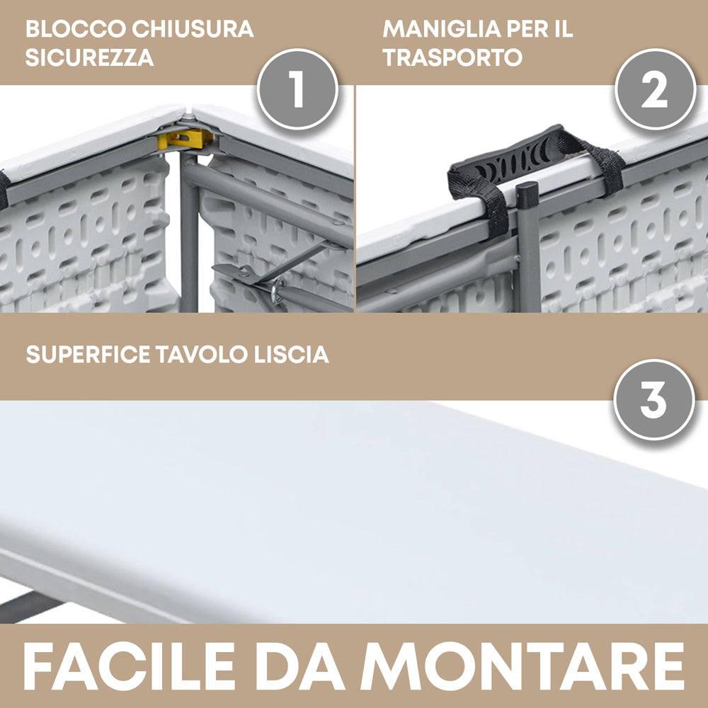 Tavolo Pieghevole Bianco Richiudibile Struttura In Acciaio Lunghezza 180 Cm