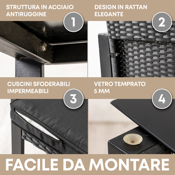 Salottino Da Esterno Set Bistrot Poltrone E Tavolino Elegante Telaio In Acciaio Tavolo Salotto Con Piano In Vetro Temperato Con 2 Sedie Con Comodi Cuscini Terrazzo Balcone Giardino Rivestimento Rattan