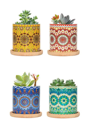 Set 4 Pezzi Vasi In Ceramica Con Decorazioni Fiori Piante Grasse Con Sotto Vaso In Bambù Foro Centrale Vasetti Cactus