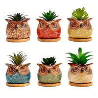 Set 6 Pezzi Vasi In Ceramica Fiori Piante Grasse Gufi Con Sotto Vaso In Bambù Foro Centrale Cactus Decorazione Interno Esterno Casa Vasetto Con Foro Scarico Fioriera Contenitore