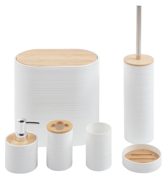 Set Accessori Bagno 6 Pezzi IlGruppone Design Moderno - Cestino, Dispenser Sapone, Portasaponetta, Porta Spazzolini, Porta Scopino, In Plastica E Bambù, Colore Caffè