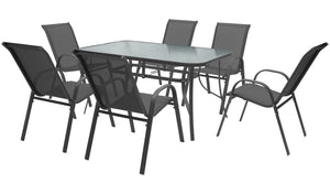 Set Tavolo Sedie Da Giardino 7 Pezzi, Tavolo Da Pranzo Terrazzo In Metallo Piano In Vetro Con Foro Ombrellone 6 Sedia Da Esterno Impilabili Con Schienale Alto,Veranda
