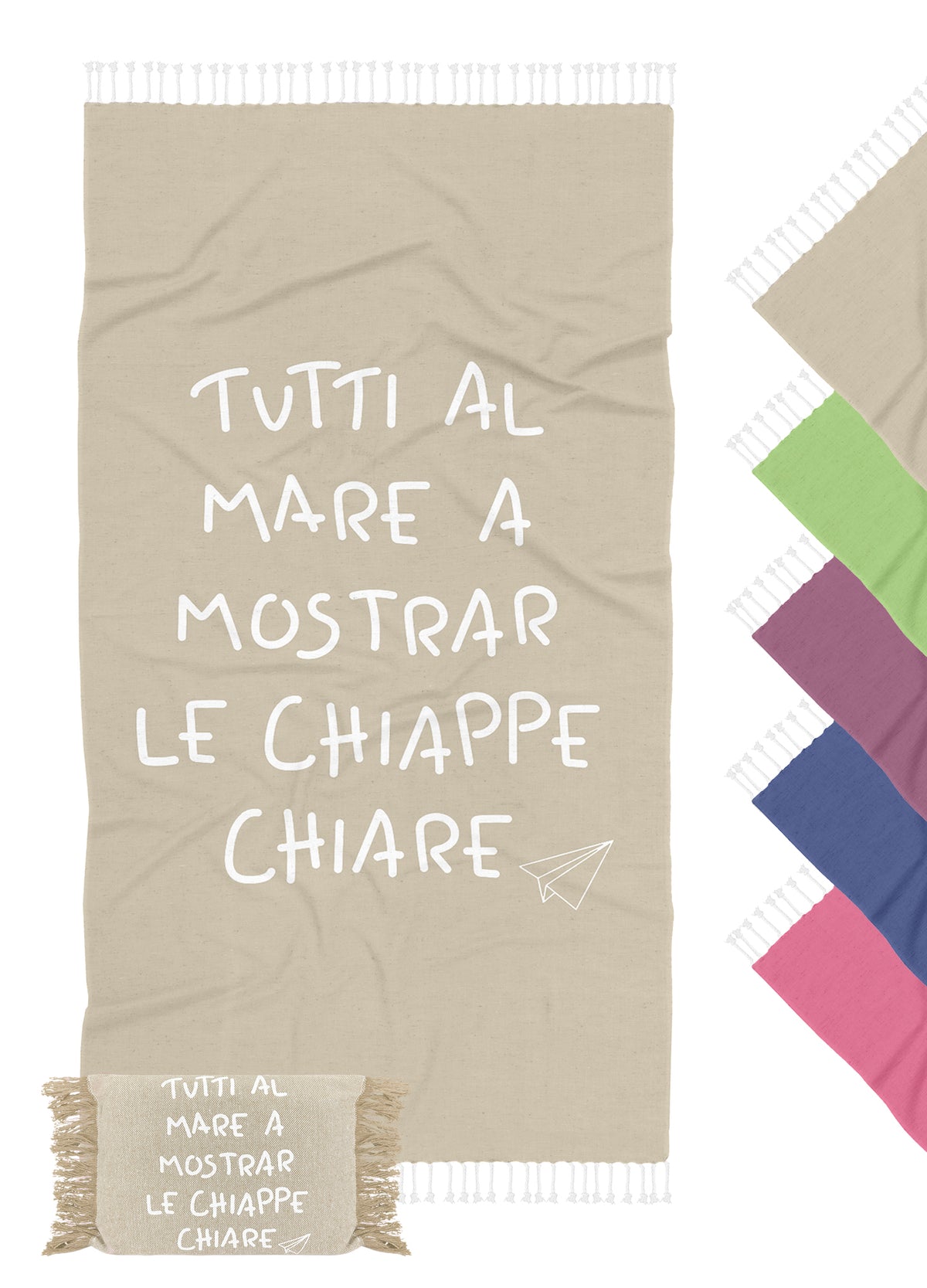 Telo Mare Con Frange Asciugamano Da Spiaggia Misura Grande 90x180 Cm Con Pochette Astuccio Assorbente In Morbido Cotone Leggero Stampa Tutti Al Mare AntiSabbia Lettino Vacanze Piscina