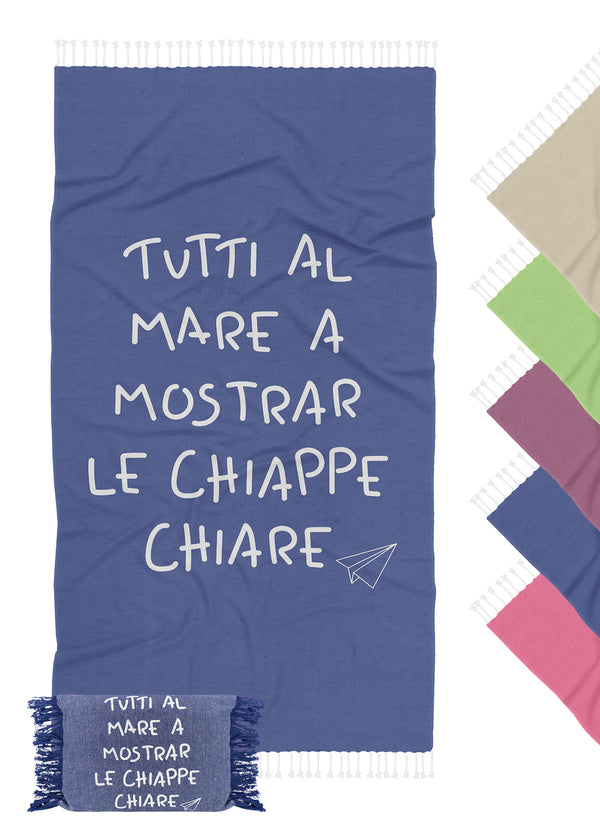 Telo Mare Con Frange Asciugamano Da Spiaggia Misura Grande 90x180 Cm Con Pochette Astuccio Assorbente In Morbido Cotone Leggero Stampa Tutti Al Mare AntiSabbia Lettino Vacanze Piscina