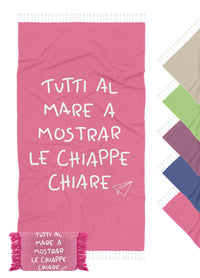 Telo Mare Con Frange Asciugamano Da Spiaggia Misura Grande 90x180 Cm Con Pochette Astuccio Assorbente In Morbido Cotone Leggero Stampa Tutti Al Mare AntiSabbia Lettino Vacanze Piscina