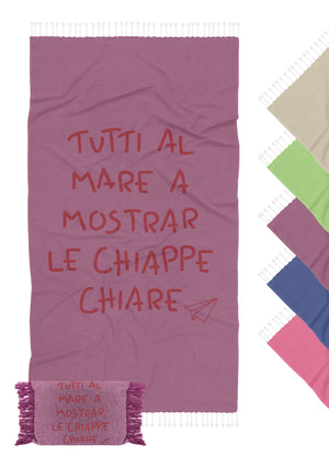 Telo Mare Con Frange Asciugamano Da Spiaggia Misura Grande 90x180 Cm Con Pochette Astuccio Assorbente In Morbido Cotone Leggero Stampa Tutti Al Mare AntiSabbia Lettino Vacanze Piscina