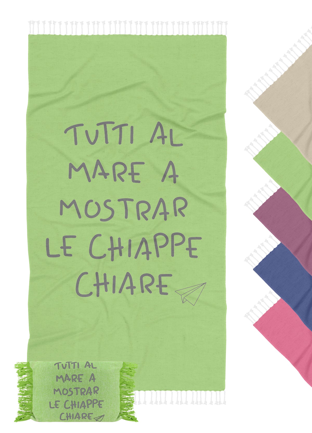 Telo Mare Con Frange Asciugamano Da Spiaggia Misura Grande 90x180 Cm Con Pochette Astuccio Assorbente In Morbido Cotone Leggero Stampa Tutti Al Mare AntiSabbia Lettino Vacanze Piscina