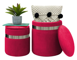 Set Di 2 Pouf Contenitori In Velluto Design Moderno Poggiapiedi,Sgabello Tondo con Coperchio Rimovibile e Seduta Imbottita Alta Densità Con Fascia In Metallo Contenitore Capiente Storage Box