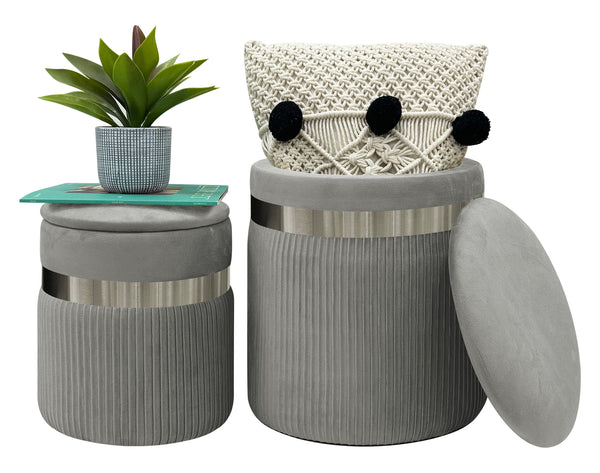 Set Di 2 Pouf Contenitori In Velluto Design Moderno Poggiapiedi,Sgabello Tondo con Coperchio Rimovibile e Seduta Imbottita Alta Densità Con Fascia In Metallo Contenitore Capiente Storage Box