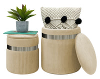 Set Di 2 Pouf Contenitori In Velluto Design Moderno Poggiapiedi,Sgabello Tondo con Coperchio Rimovibile e Seduta Imbottita Alta Densità Con Fascia In Metallo Contenitore Capiente Storage Box