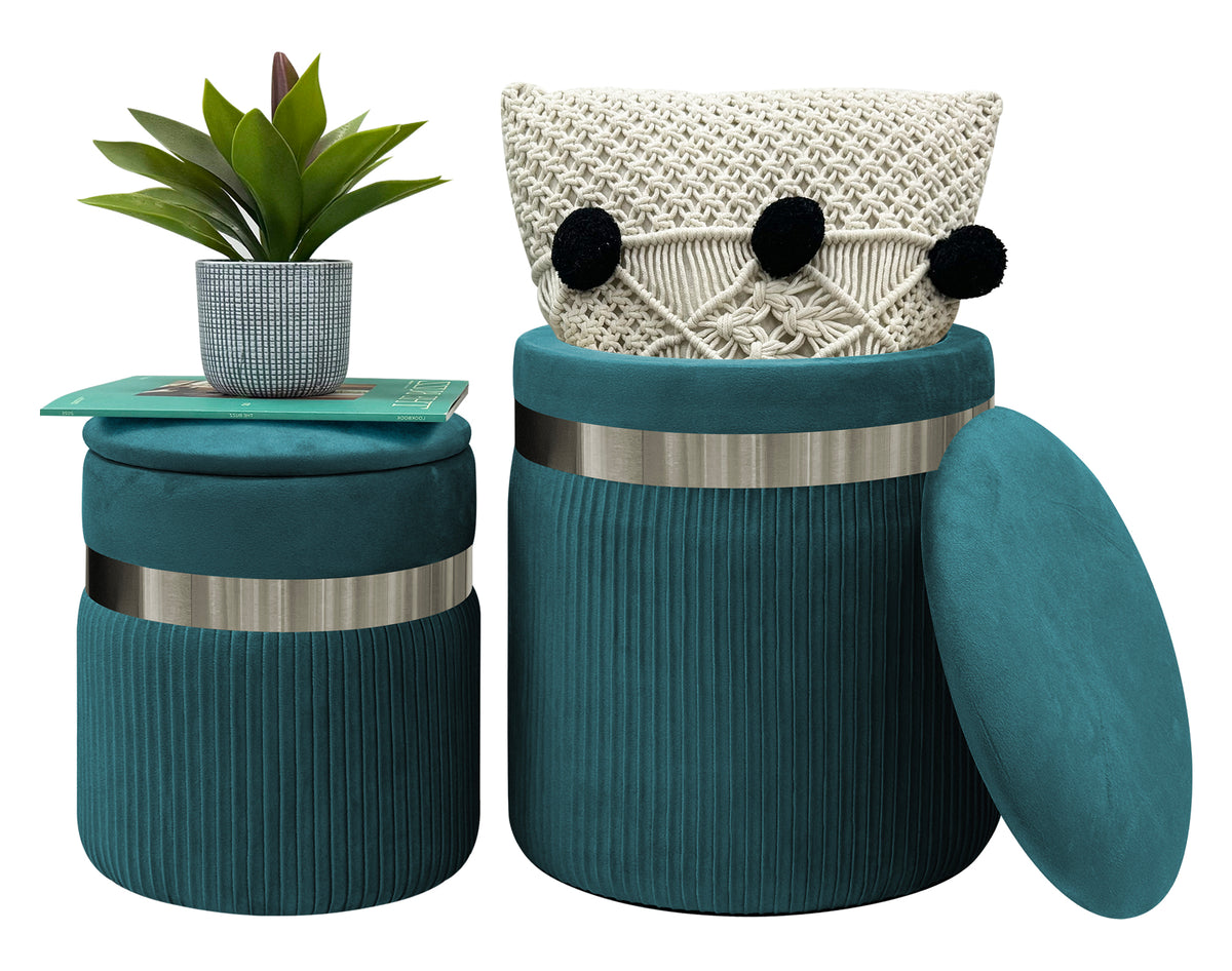 Set Di 2 Pouf Contenitori In Velluto Design Moderno Poggiapiedi,Sgabello Tondo con Coperchio Rimovibile e Seduta Imbottita Alta Densità Con Fascia In Metallo Contenitore Capiente Storage Box