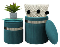Set Di 2 Pouf Contenitori In Velluto Design Moderno Poggiapiedi,Sgabello Tondo con Coperchio Rimovibile e Seduta Imbottita Alta Densità Con Fascia In Metallo Contenitore Capiente Storage Box