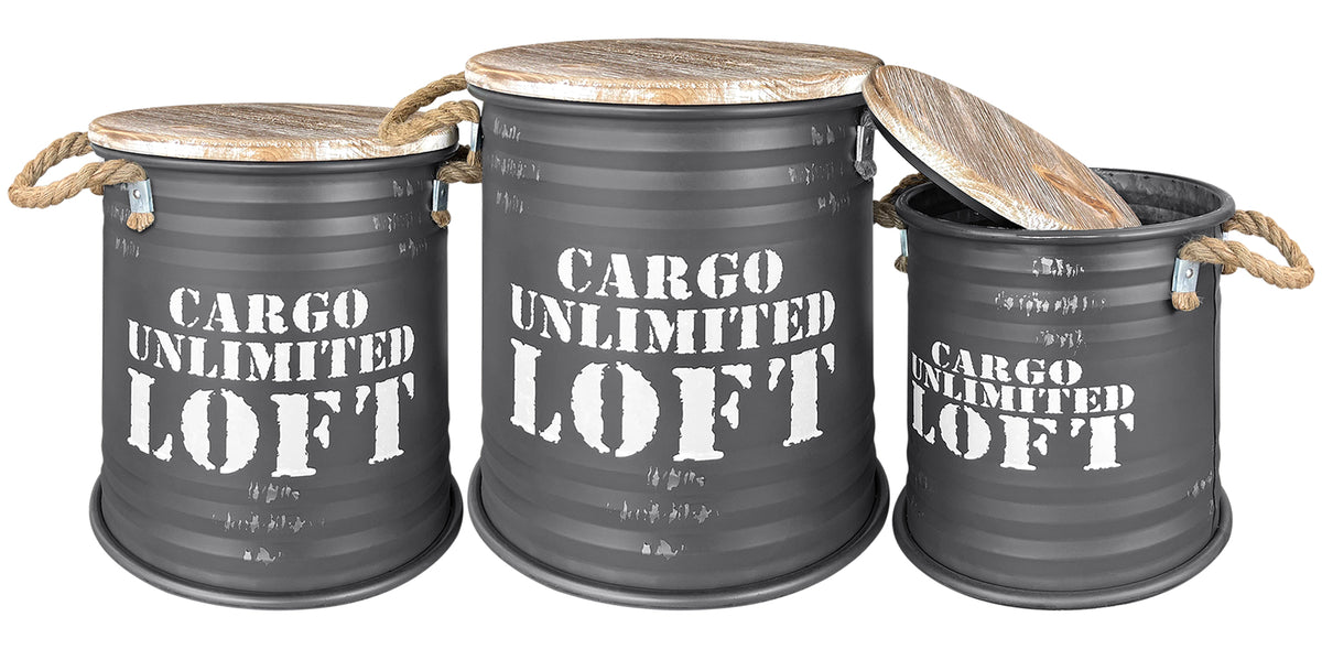 Set 3 Pouf Contenitori In Acciaio SgabellO Tavolino Caffè Salotto Design Moderno Cargo Unlimited Impilabili Salvaspazio Arredo Soggiorno Camera Coperchio Legno Vintage