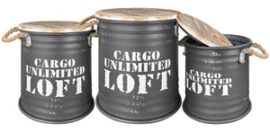 Set 3 Pouf Contenitori In Acciaio SgabellO Tavolino Caffè Salotto Design Moderno Cargo Unlimited Impilabili Salvaspazio Arredo Soggiorno Camera Coperchio Legno Vintage