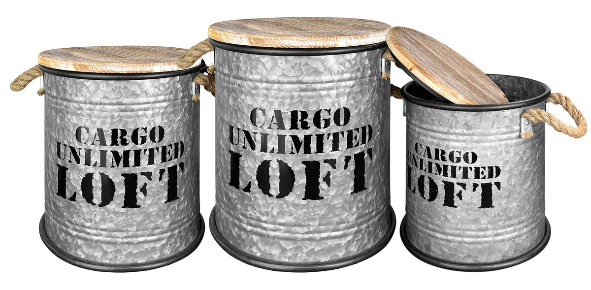 Set 3 Pouf Contenitori In Acciaio SgabellO Tavolino Caffè Salotto Design Moderno Cargo Unlimited Impilabili Salvaspazio Arredo Soggiorno Camera Coperchio Legno Vintage