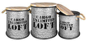 Set 3 Pouf Contenitori In Acciaio SgabellO Tavolino Caffè Salotto Design Moderno Cargo Unlimited Impilabili Salvaspazio Arredo Soggiorno Camera Coperchio Legno Vintage