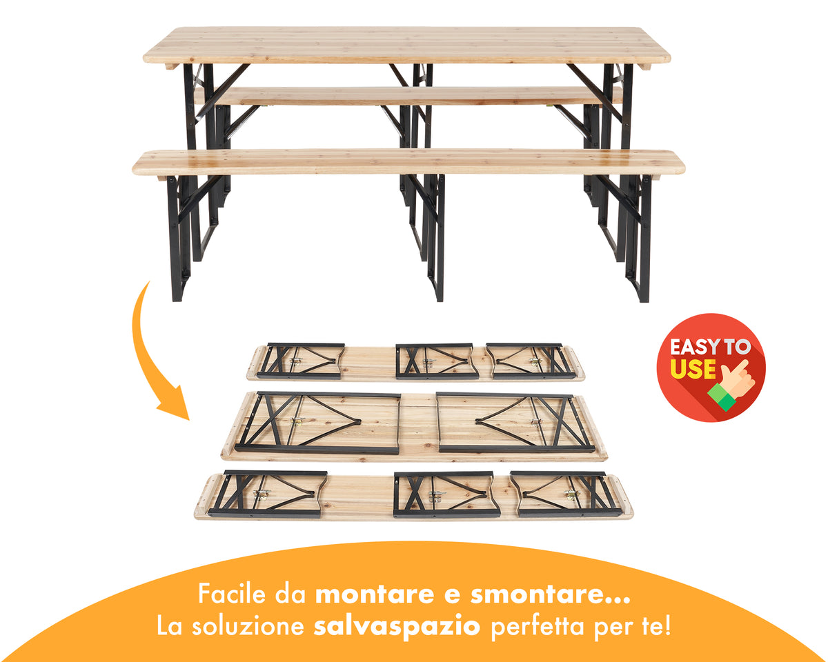 Set Birreria 220 x 80 Cm XXXL 8 /10 Posti 3 Pezzi 2 Panche 1 Tavolo Pieghevole Panca Da Feste Sagra Legno Abete Struttura Acciaio Richiudibile Feste Giardino Festa Birra