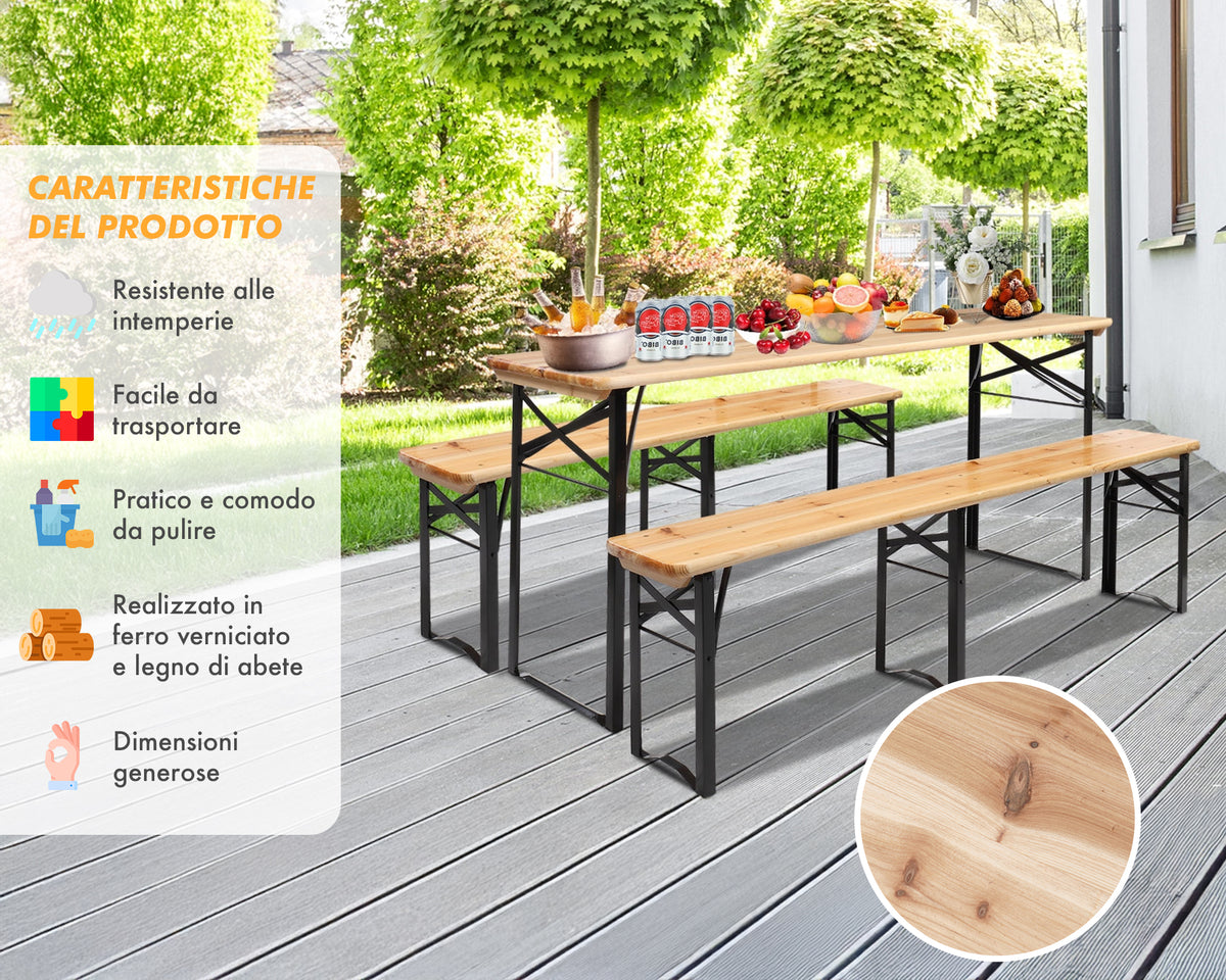 Set Birreria 220 x 80 Cm XXXL 8 /10 Posti 3 Pezzi 2 Panche 1 Tavolo Pieghevole Panca Da Feste Sagra Legno Abete Struttura Acciaio Richiudibile Feste Giardino Festa Birra