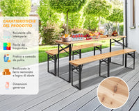 Set Birreria 220 x 80 Cm XXXL 8 /10 Posti 3 Pezzi 2 Panche 1 Tavolo Pieghevole Panca Da Feste Sagra Legno Abete Struttura Acciaio Richiudibile Feste Giardino Festa Birra