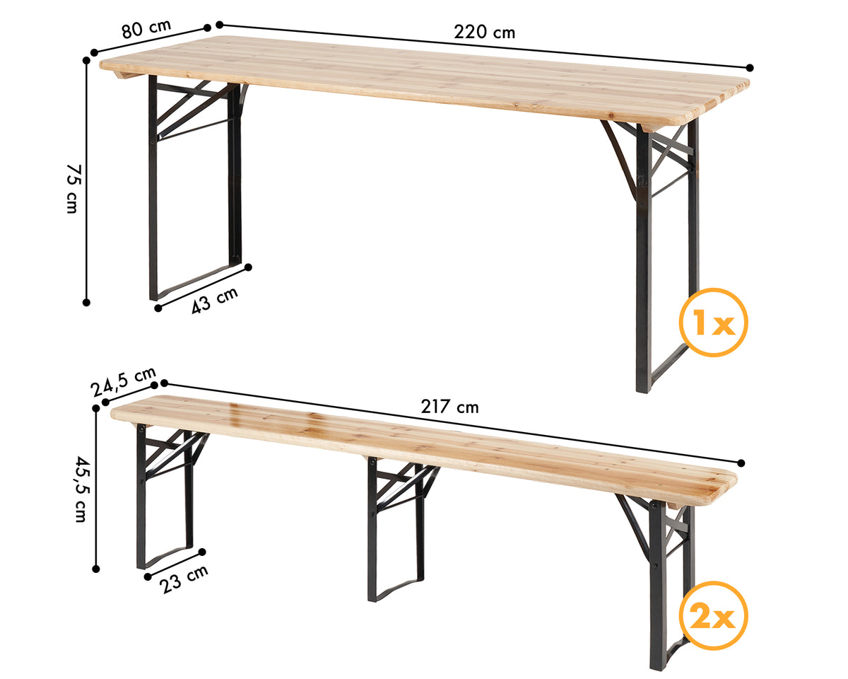 Set Birreria 220 x 80 Cm XXXL 8 /10 Posti 3 Pezzi 2 Panche 1 Tavolo Pieghevole Panca Da Feste Sagra Legno Abete Struttura Acciaio Richiudibile Feste Giardino Festa Birra
