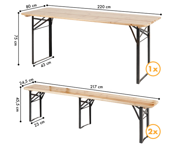 Set Birreria 220 x 80 Cm XXXL 8 /10 Posti 3 Pezzi 2 Panche 1 Tavolo Pieghevole Panca Da Feste Sagra Legno Abete Struttura Acciaio Richiudibile Feste Giardino Festa Birra