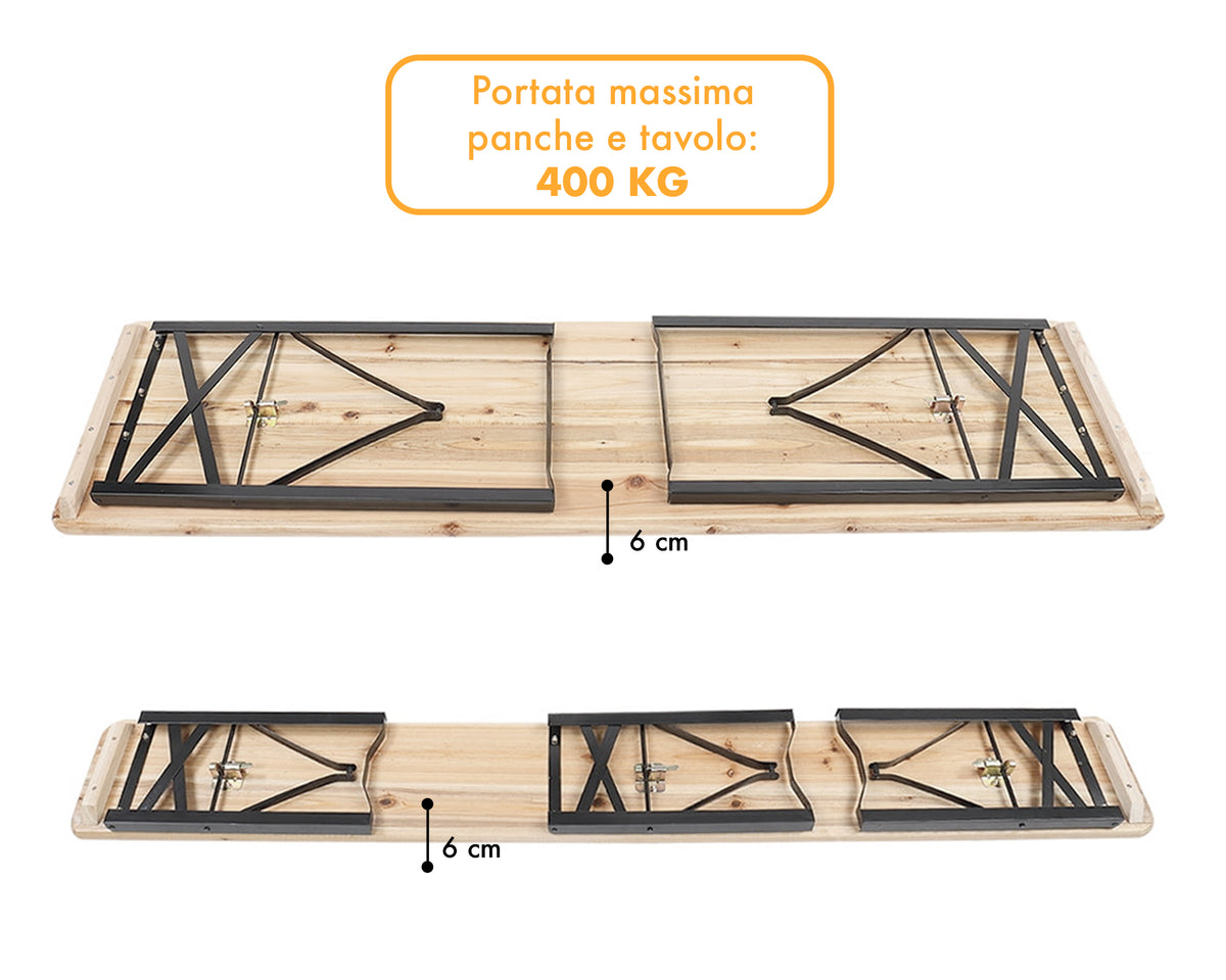 Set Birreria 220 x 80 Cm XXXL 8 /10 Posti 3 Pezzi 2 Panche 1 Tavolo Pieghevole Panca Da Feste Sagra Legno Abete Struttura Acciaio Richiudibile Feste Giardino Festa Birra