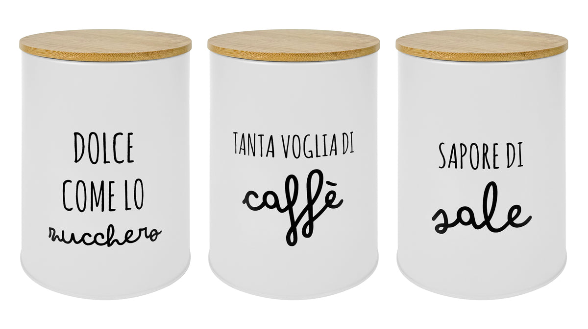 Set 3 Pezzi Barattoli Cucina Contenitori Certificati Contatto Alimentare Contenitore Sale Zucchero Caffè Moderne Scritte Barattolo Con Coperchio Ermetico Legno Bambù Dispenser Organizzatori Alimenti Spezie