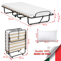 Brandina Pieghevole A Doghe Con Materasso Struttura Resistente Con Ruote Prodotto Italiano Branda Ortopedica Richiudibile 80x190 Cm Trasportabile In Omaggio Cuscino e Cover Protettiva