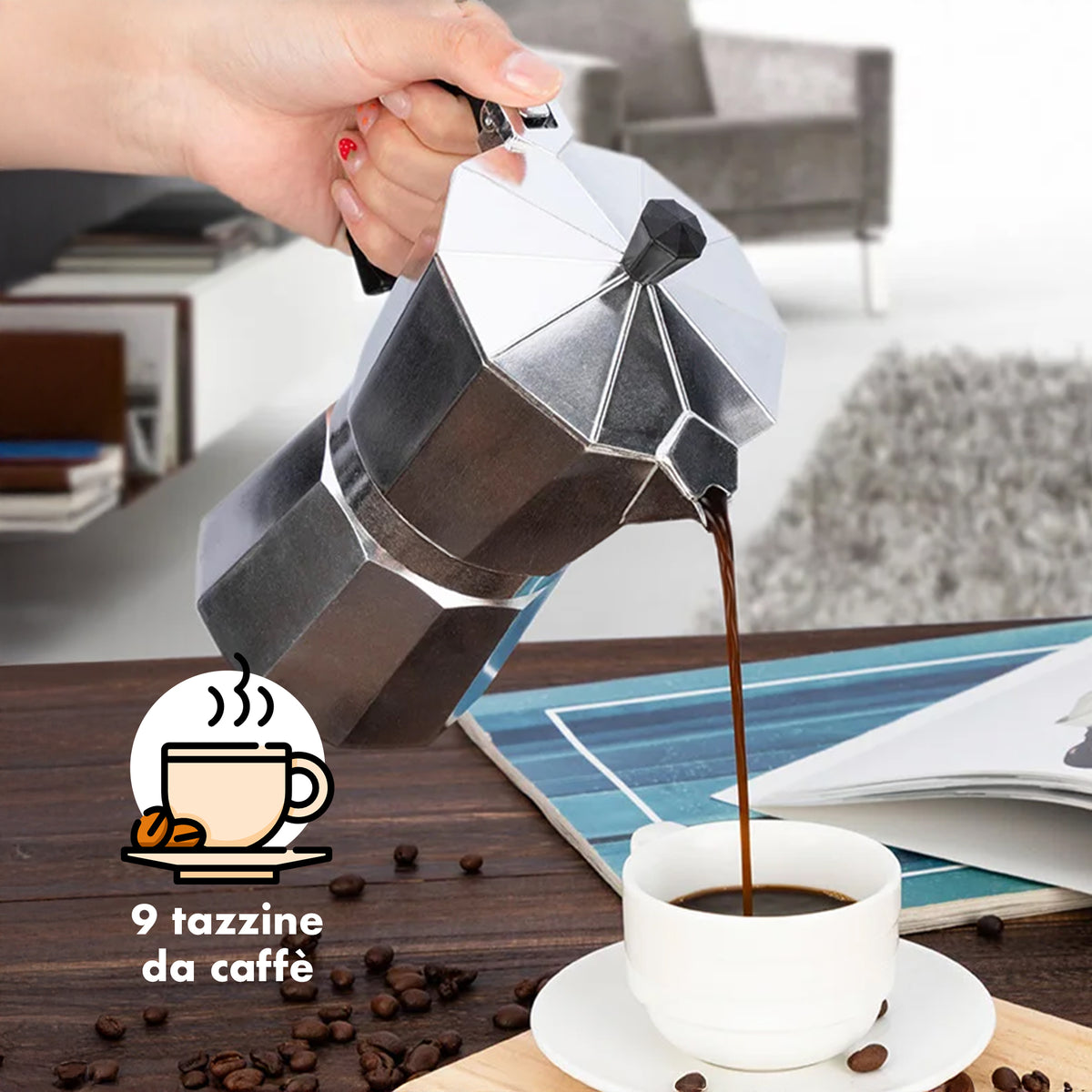 Caffettiera Moka Caffè 9 Tazze Grande Per Piani Ad Induzione Realizzata In Alluminio Manico E Pomolo Termico Certificata Contatto Alimentare