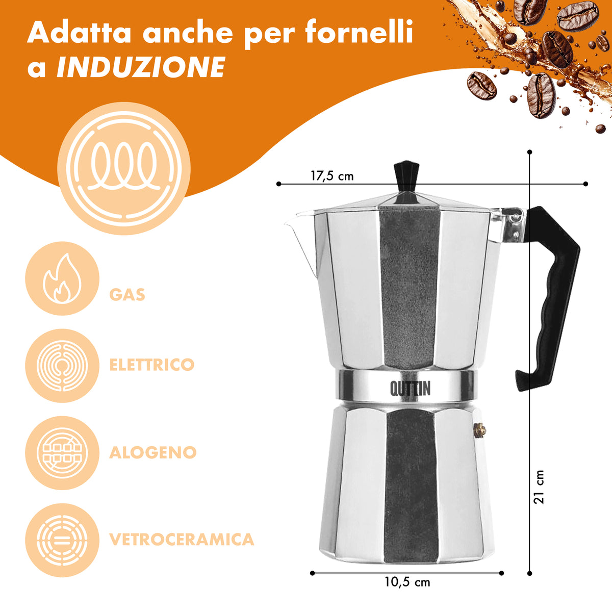 Caffettiera Moka Caffè 9 Tazze Grande Per Piani Ad Induzione Realizzata In Alluminio Manico E Pomolo Termico Certificata Contatto Alimentare