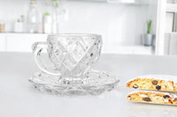 Set 6 Tazzine Caffè In Vetro Con Piattino Eleganti 100 ML Lavabili In Lavastoviglie Trasparenti Certificate Contatto Alimentare In Elegante Confezione Regalo Ricamate Tazza Servizio Bicchierini Coplenza