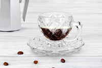 Set 6 Tazzine Caffè In Vetro Con Piattino Eleganti 100 ML Lavabili In Lavastoviglie Trasparenti Certificate Contatto Alimentare In Elegante Confezione Regalo Ricamate Tazza Servizio Bicchierini Coplenza