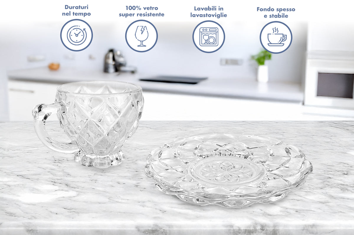 Set 6 Tazzine Caffè In Vetro Con Piattino Eleganti 100 ML Lavabili In Lavastoviglie Trasparenti Certificate Contatto Alimentare In Elegante Confezione Regalo Ricamate Tazza Servizio Bicchierini Coplenza