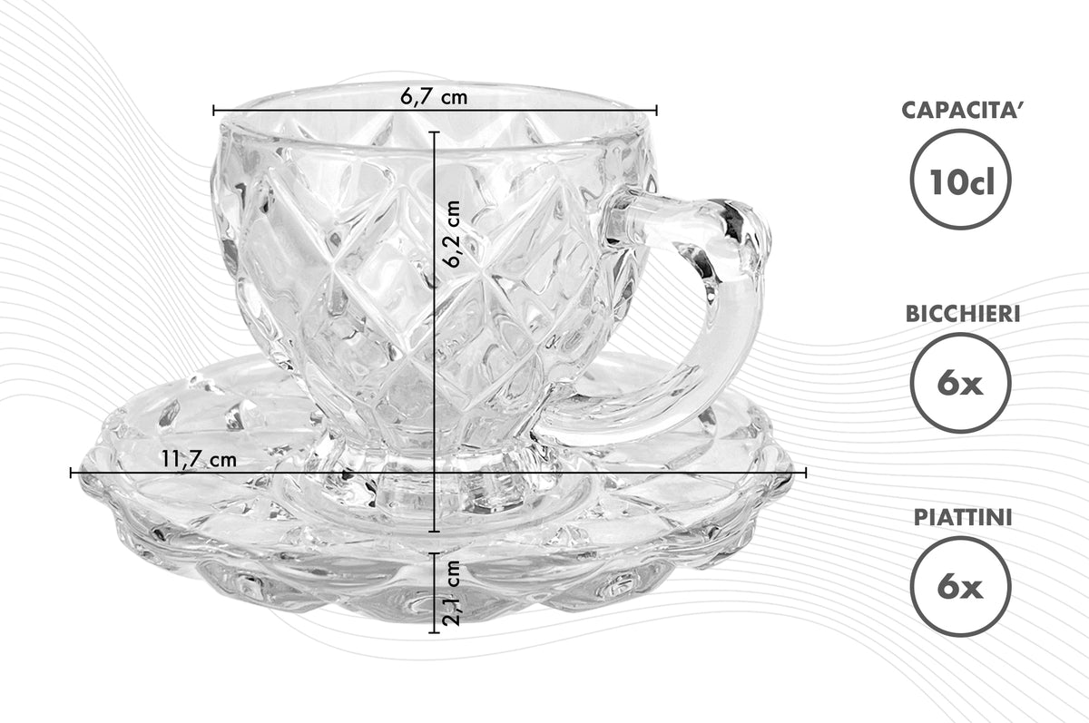 Set 6 Tazzine Caffè In Vetro Con Piattino Eleganti 100 ML Lavabili In Lavastoviglie Trasparenti Certificate Contatto Alimentare In Elegante Confezione Regalo Ricamate Tazza Servizio Bicchierini Coplenza