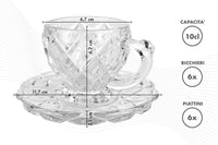 Set 6 Tazzine Caffè In Vetro Con Piattino Eleganti 100 ML Lavabili In Lavastoviglie Trasparenti Certificate Contatto Alimentare In Elegante Confezione Regalo Ricamate Tazza Servizio Bicchierini Coplenza