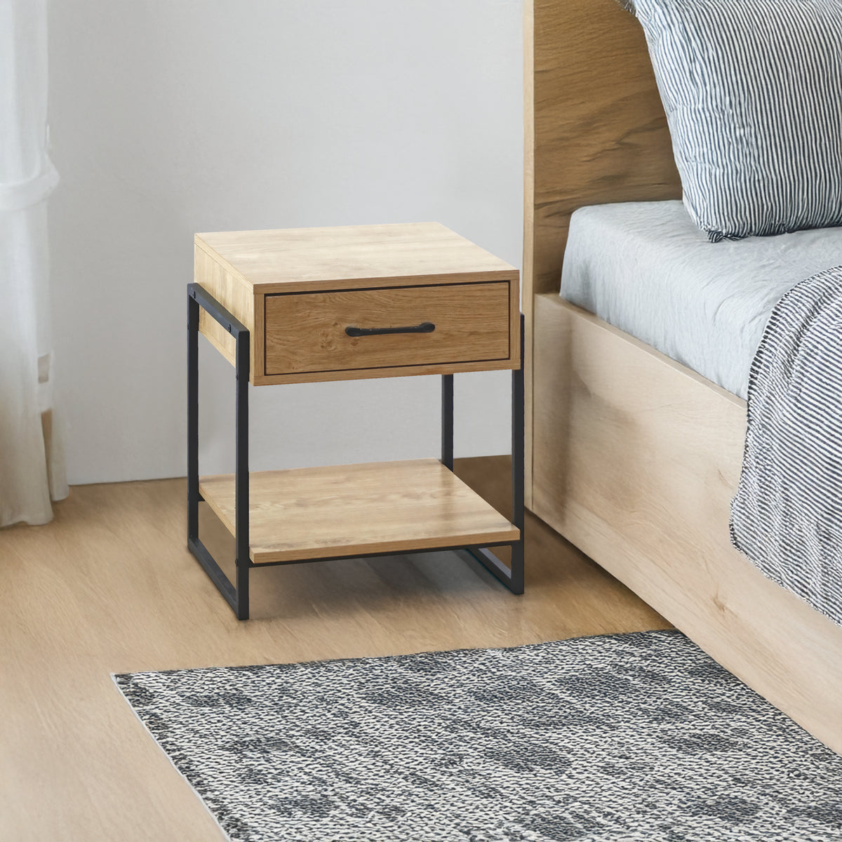 Comodino In Legno Metallo Con Cassetto Con Maniglia E Scomparto Aperto Camera Da Letto Portalibri Oggetti Mensola Libreria Stile Industrial