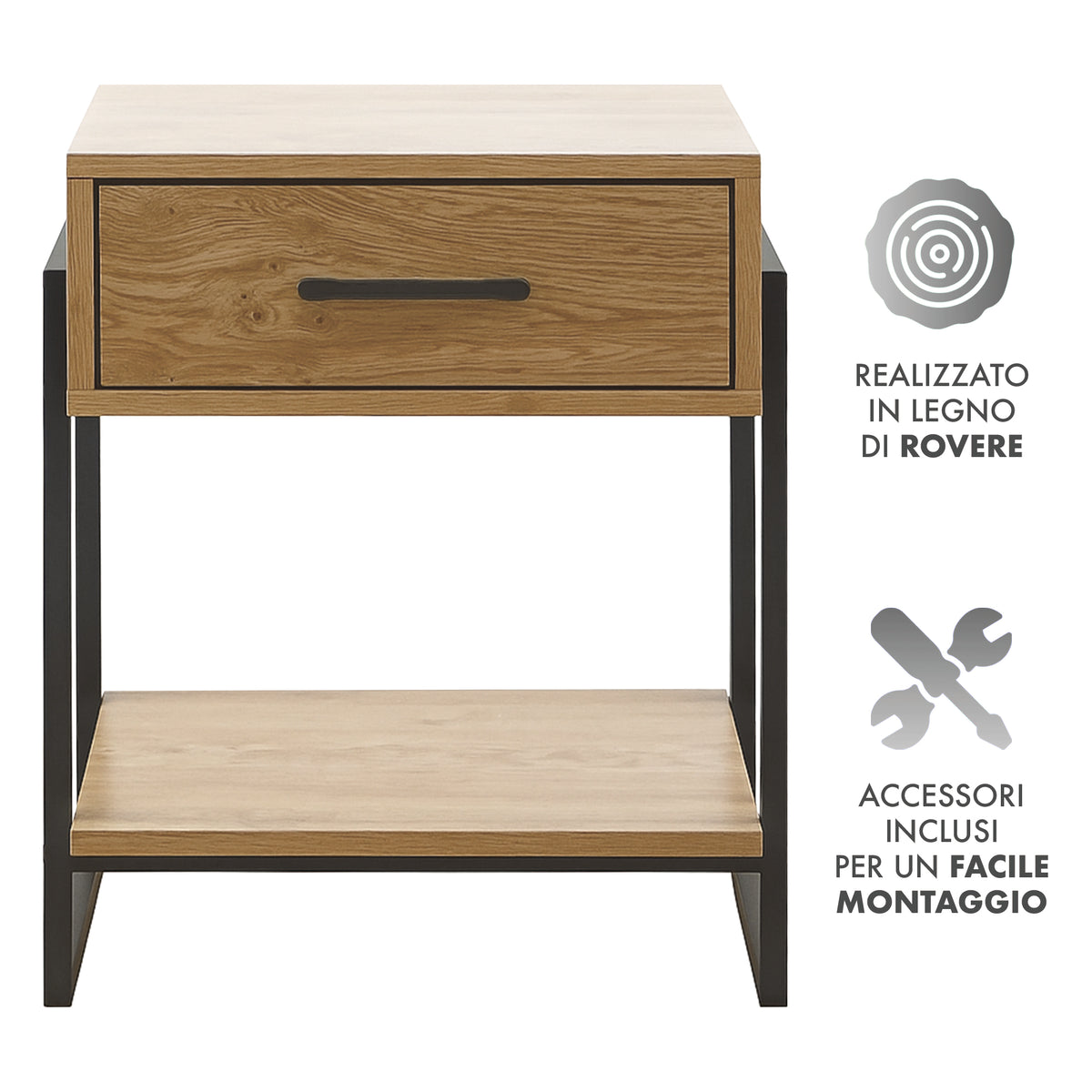 Comodino In Legno Metallo Con Cassetto Con Maniglia E Scomparto Aperto Camera Da Letto Portalibri Oggetti Mensola Libreria Stile Industrial