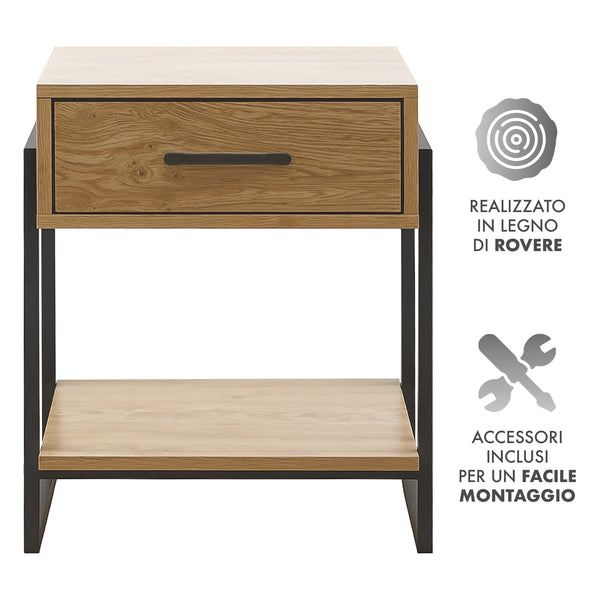 Comodino In Legno Metallo Con Cassetto Con Maniglia E Scomparto Aperto Camera Da Letto Portalibri Oggetti Mensola Libreria Stile Industrial
