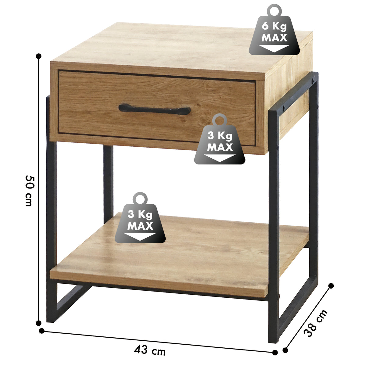 Comodino In Legno Metallo Con Cassetto Con Maniglia E Scomparto Aperto Camera Da Letto Portalibri Oggetti Mensola Libreria Stile Industrial