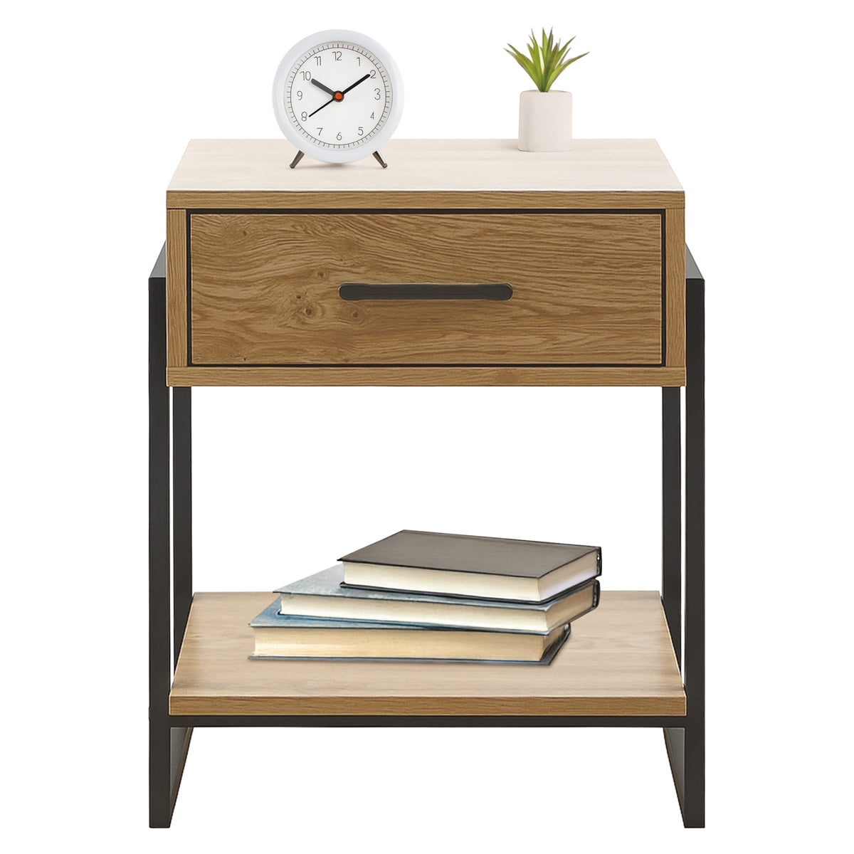 Comodino In Legno Metallo Con Cassetto Con Maniglia E Scomparto Aperto Camera Da Letto Portalibri Oggetti Mensola Libreria Stile Industrial