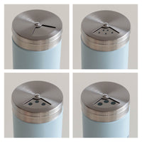 Set 5 Contenitori In Vetro Cucina Portaspezie 130 Ml Barattoli Moderni Sale Pepe Rotondi Moderni Tappo Girevole Acciaio Per Regolazione Con Moderne Scritte Certificati Contatto Alimentare