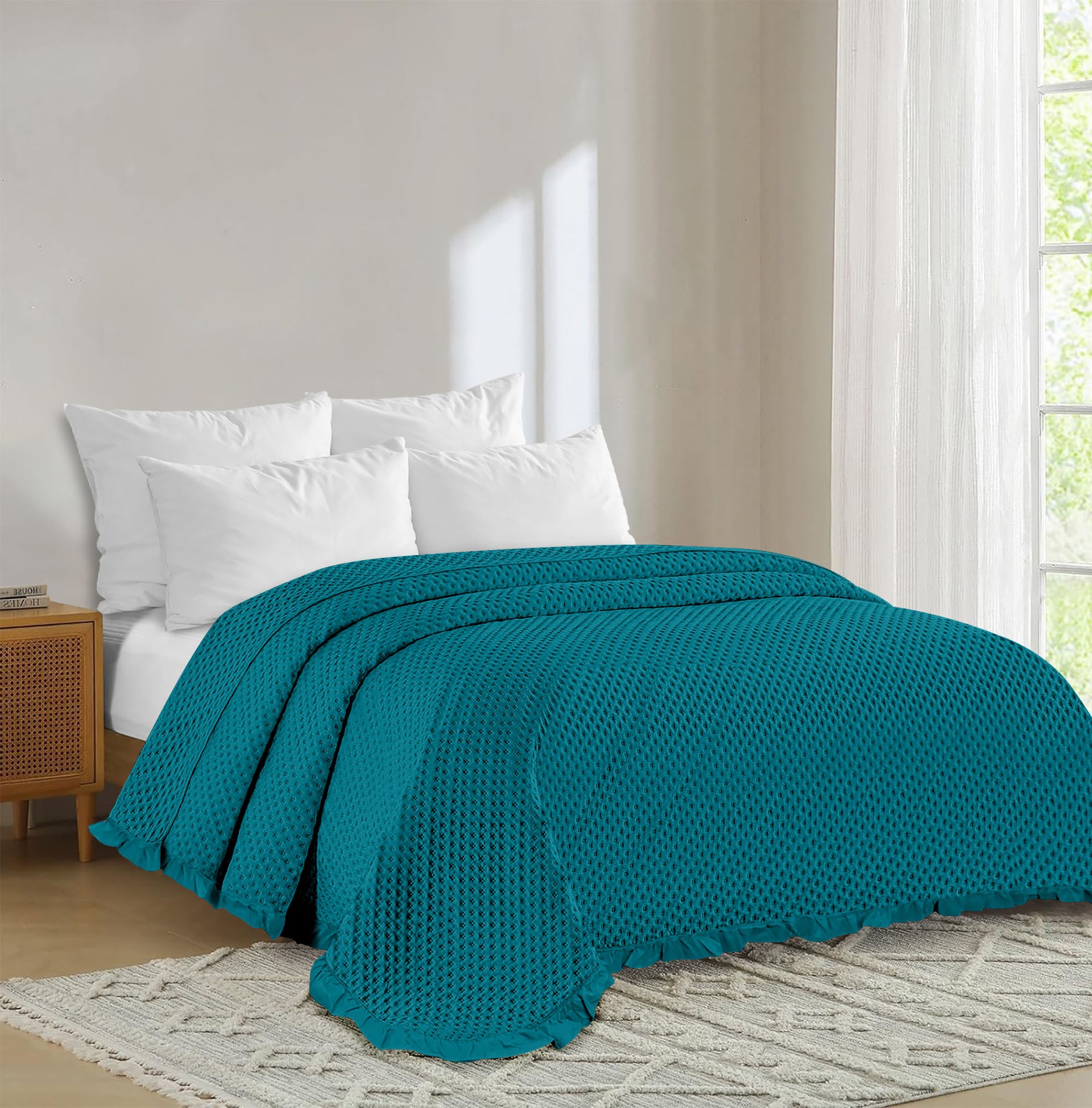 Vctops Copriletto Trapuntato 100% Cotone Floreale Matrimoniale 3 Pezzi Reversibile Con Bordo Smerlato (Blu 203x280 Cm) - 2